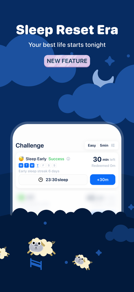 WillStone app interface showing a sleep early challenge with a thirty minute screen time reward and cartoon sheep jumping over a fence.