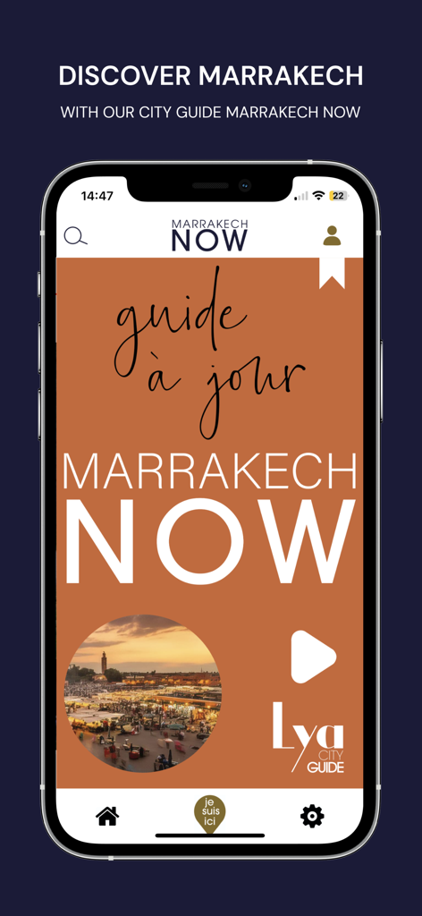 Marrakech NOW - Travel guide - The home screen of the Marrakech NOW travel guide mobile app for exploring Morocco.