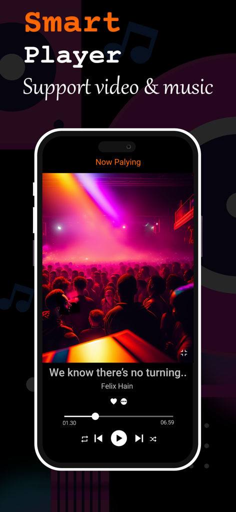 オフラインプレーヤーアプリのインターフェイス。オーディオとビデオのコントロールを備えた音楽再生画面が表示されている。