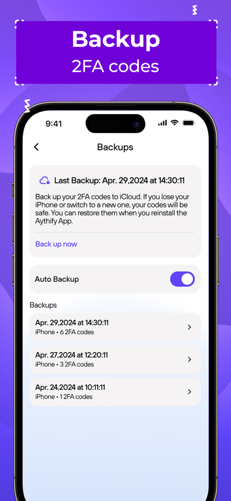 2FAuthify - Authenticator app - Interfaz de la aplicación 2FAuthify mostrando la pantalla de copia de seguridad en la nube encriptada para códigos 2FA en un iPhone.