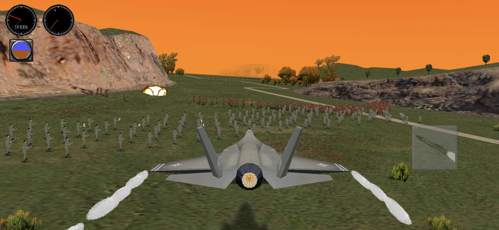 Zombie Battle 3D - A military fighter jet flying over a battlefield of soldiers and zombies in Zombie Battle 3D.