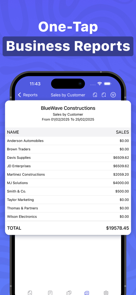 Invoice Maker & Estimate - 請求書＆見積書作成アプリで建設業の顧客別売上レポートを示すモバイルアプリの画面