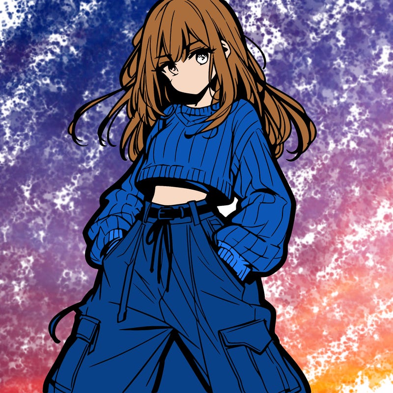 anime teen girl with baggy pants and crop top with sweater