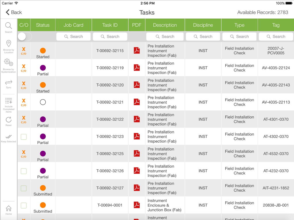 Field task management dashboard showing installation checks and asset status