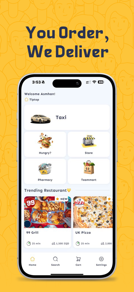 TipTop تيب توب - TipTop mobile app home screen showing options for food, grocery, pharmacy, and taxi services with trending restaurants below.