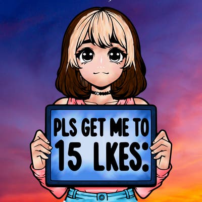 realistic girl holding up a sign that says “pls get me to 15 likes!”