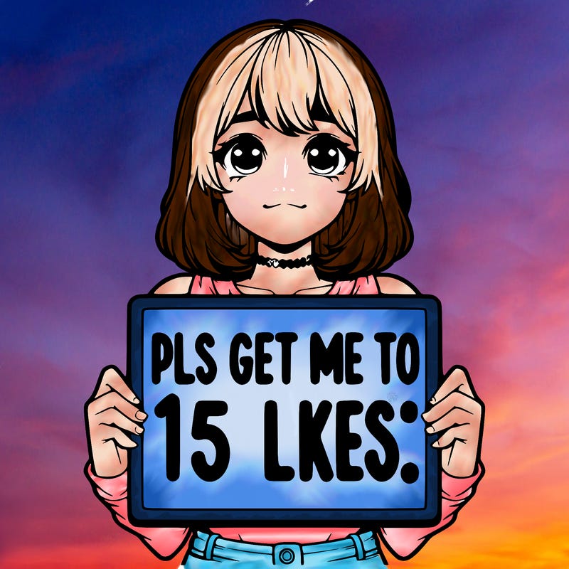 realistic girl holding up a sign that says “pls get me to 15 likes!”