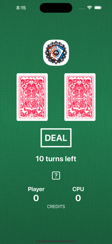 WAR! - Card Game - Clean and minimalist user interface of the War card game app featuring two face down cards and a deal button on a green background