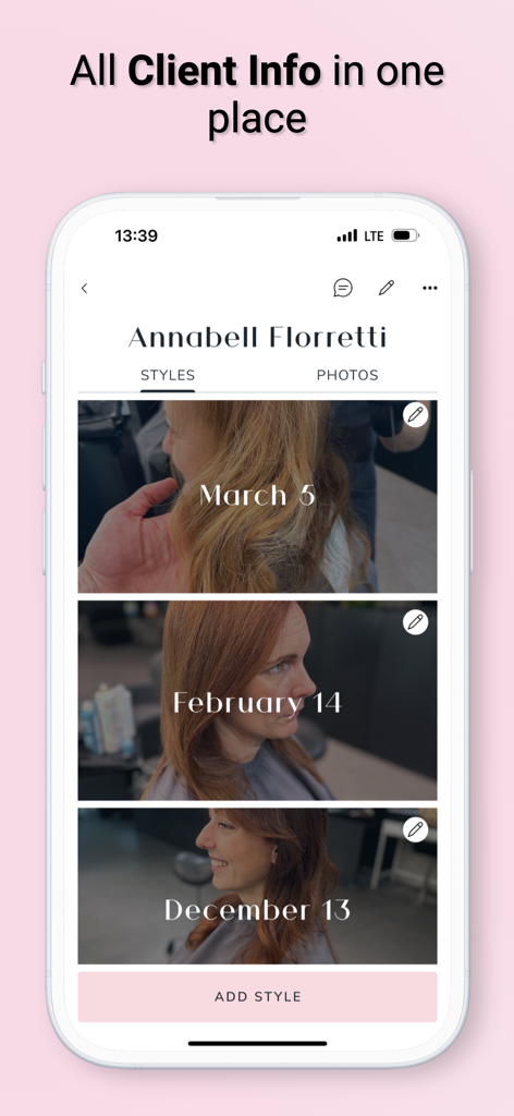 Charm: Save Formulas & Clients - Charm app interface showing a client profile with historical hair style photos and dates