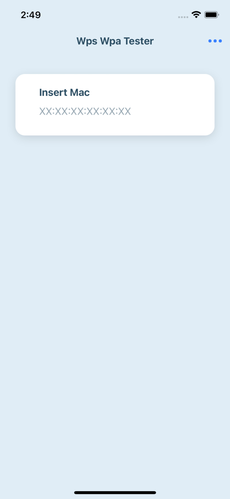 Interfaz de usuario de la aplicación Wps Wpa Tester mostrando un campo de texto para insertar una dirección MAC para el análisis de red.