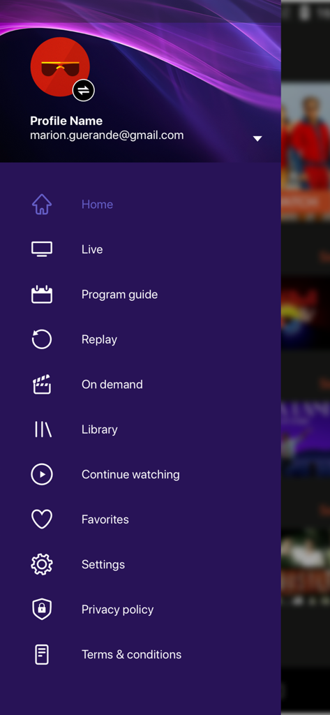 Cablevision+ - Menu de navigation latéral de l'application mobile Cablevision Plus montrant TV en direct et Guide des programmes