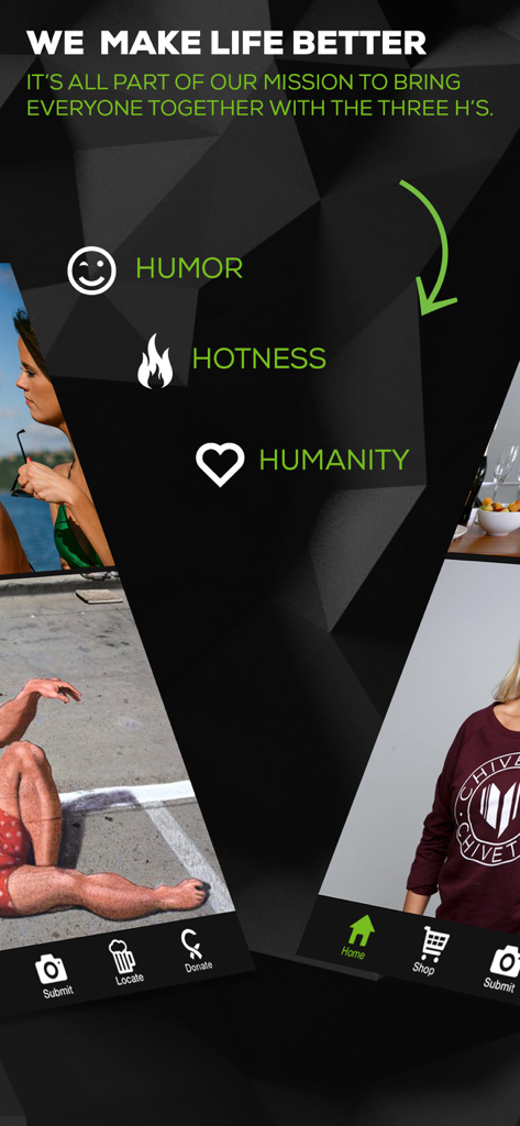 theCHIVE app screen featuring the three core pillars Humor Hotness and Humanity