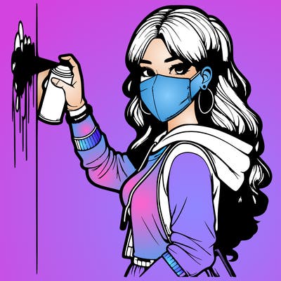 realistic girl with mask spray painting a wall