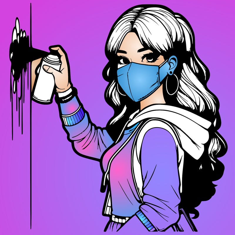 realistic girl with mask spray painting a wall