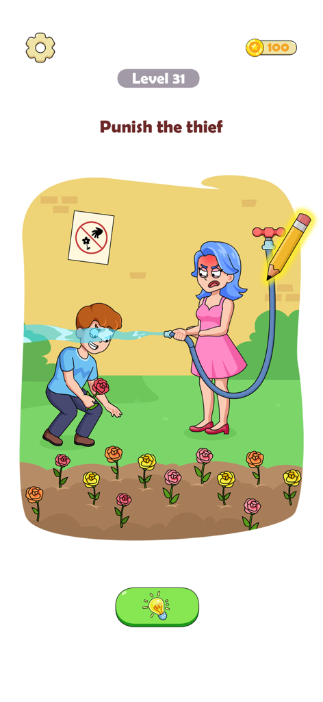 Draw Funny Story: DOP Puzzle - A cartoon logic puzzle level where the player must draw a missing water hose to punish a thief.