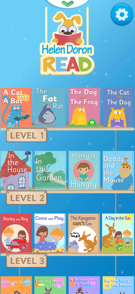 Interface of the Helen Doron Read app displaying a digital library with multiple reading levels