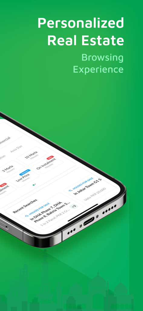 Zameen: No. 1 Property Portal - Mobile phone showing the Zameen app interface with personalized property search results and filters.