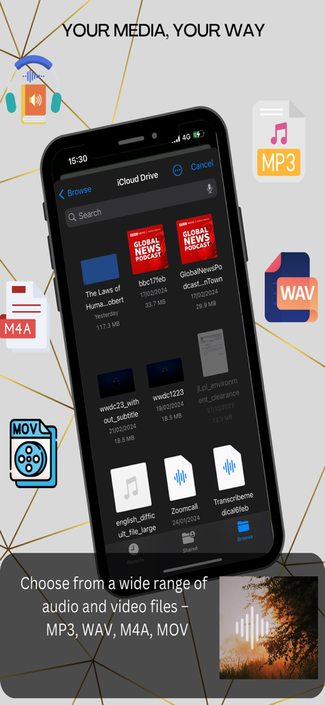 AI Transcribe app interface displaying various supported audio and video file formats