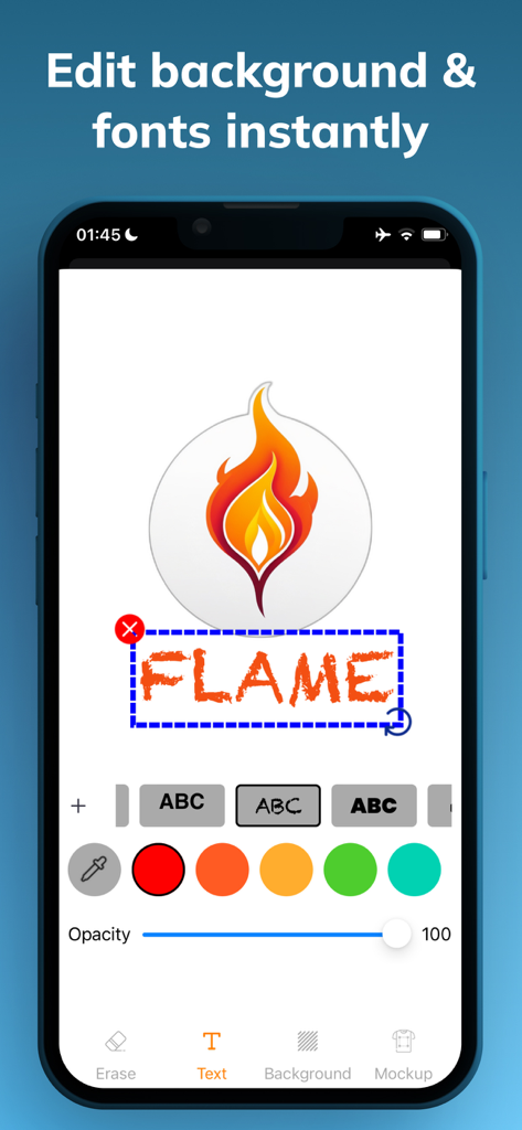 AI Logo Generator - Logo Maker - Interfaz móvil mostrando herramientas de edición de fuentes y colores para un logo de llama