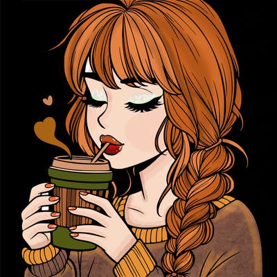 realistic girl drinking coffee