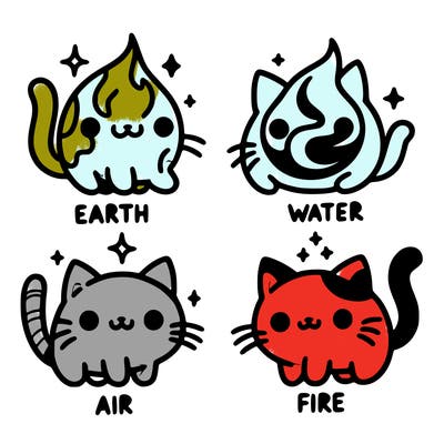 4 cats that represent the different elements, earth, water, air, and fire