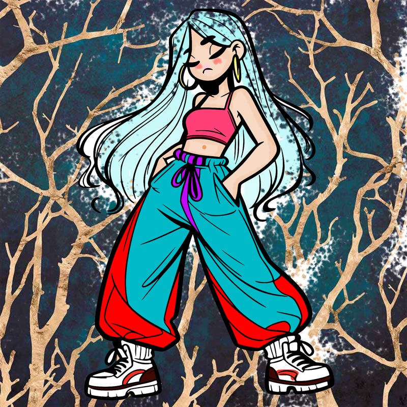 girl in baggy pants crop top and long hair