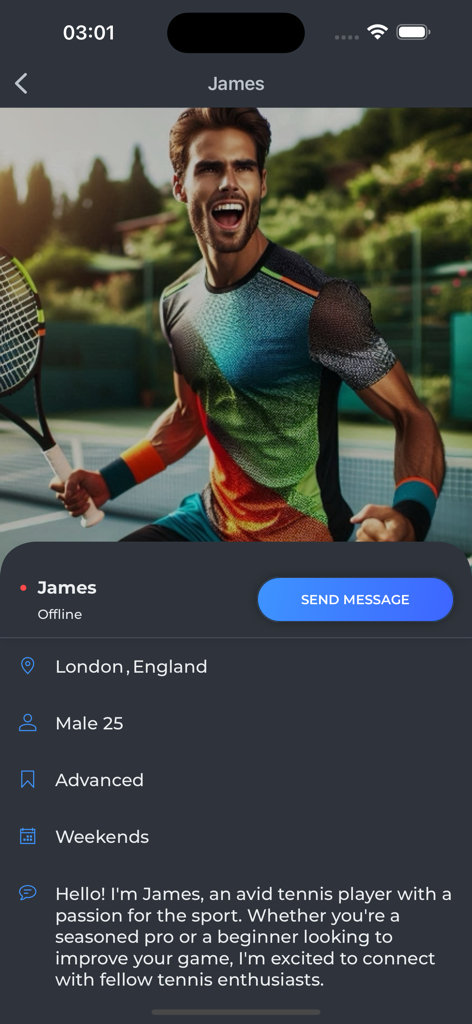 Tennis Partner - Mobile app screenshot of a user profile for a tennis player named James including his photo, skill level, and location.