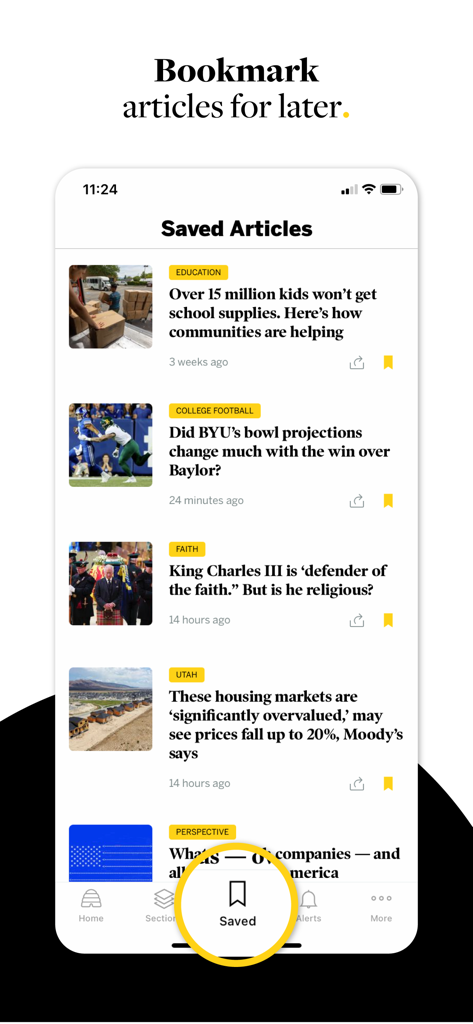 Screenshot of the Deseret News app displaying a list of saved articles and the bookmark feature for offline reading.