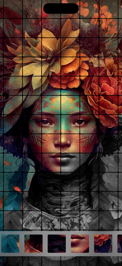 Fliese Puzzles: Tile Matching - Un puzle artístico dibujado a mano de una mujer con flores en un juego de emparejamiento de azulejos