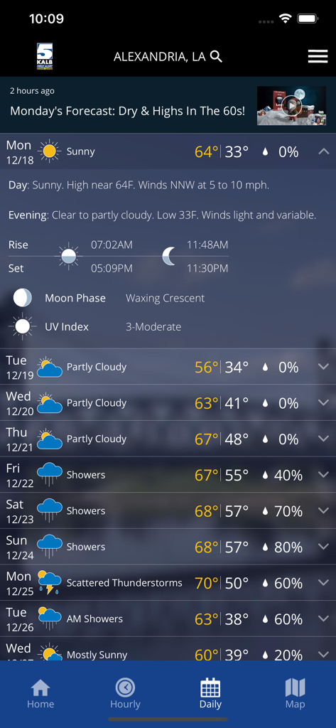 KALB WX mobile app displaying a 10-day daily weather forecast with temperature and precipitation details for Alexandria Louisiana