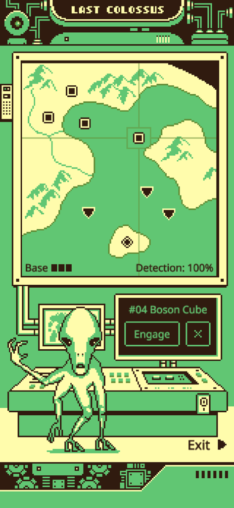 Last Colossus - Last Colossus retro pixel art game screen showing a map interface with an alien character and mission options