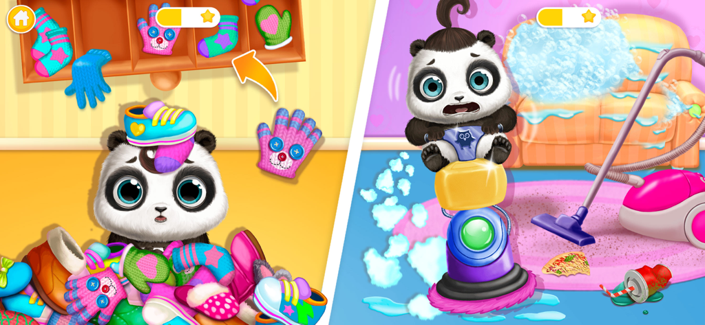 Bebé panda Lu clasificando ropa colorida y limpiando una habitación desordenada con una aspiradora