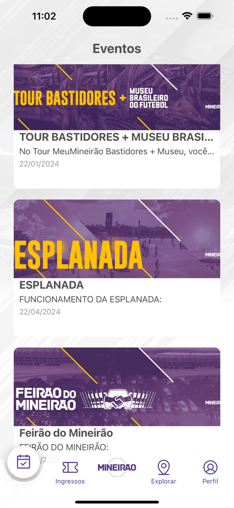 App Mineirão - Events list in the Mineirao app showing options for stadium tours and football museum visits