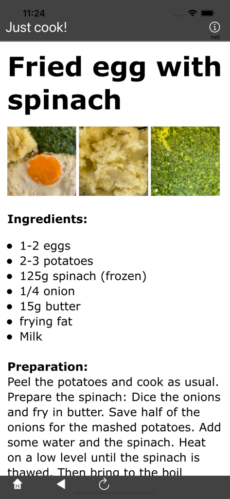 Recipe for fried egg with spinach on the Just cook app