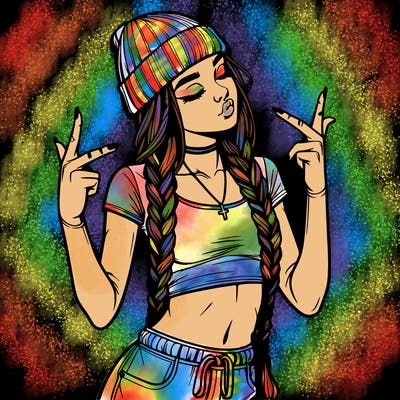 realistic teenage girl with braids and a beanie and crop top doing 🫶🏼