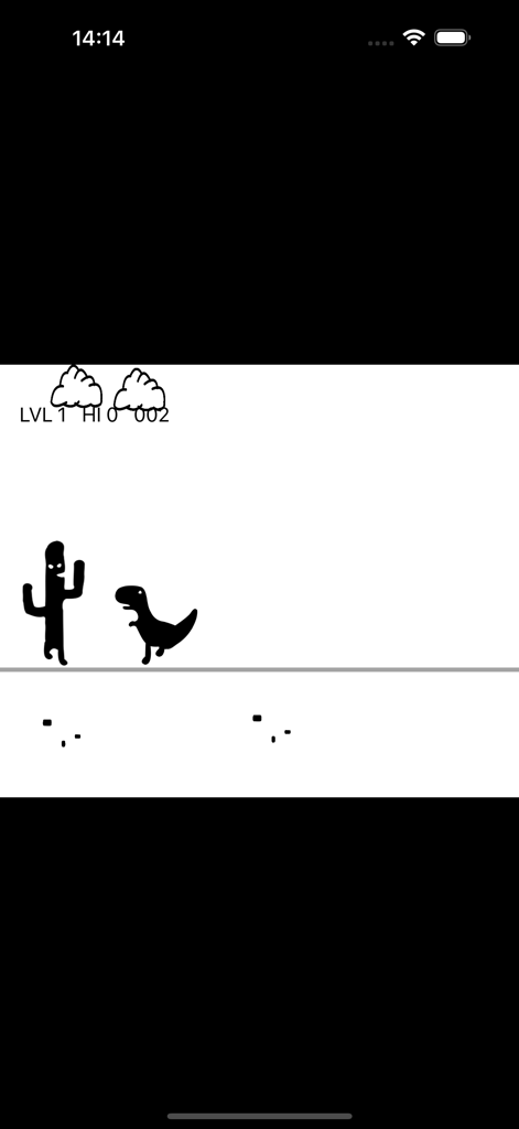 Jogabilidade retrô minimalista de Cactus Run com personagens dinossauro e cacto