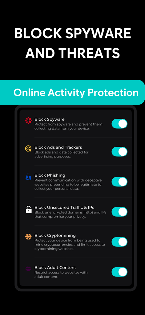 Malloc: Privacy & Security VPN - Interface of Malloc VPN showing online activity protection settings to block spyware ads and phishing