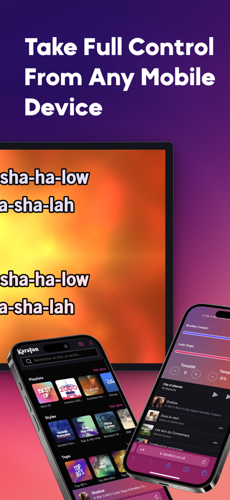 KaraFun – Karaoke & Music Quiz - KaraFun app remote control interface on mobile devices with lyrics displayed on a larger screen