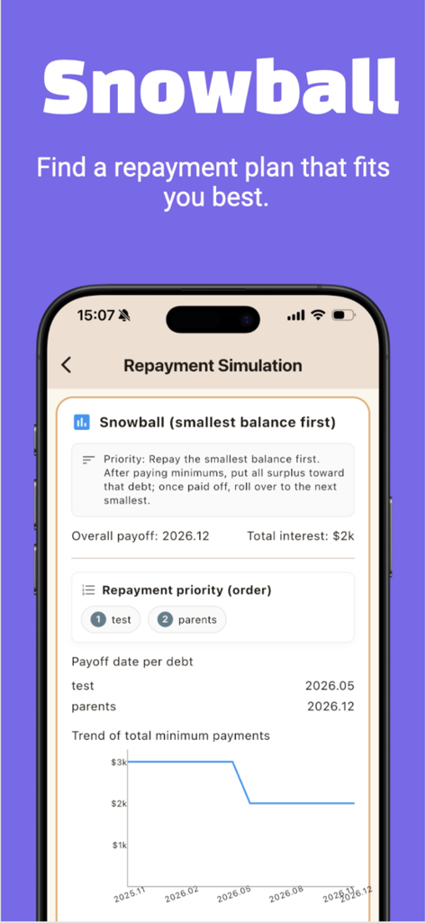 Kansai – Debt Manager - Kansai app screen showing a snowball debt repayment simulation and payoff graph
