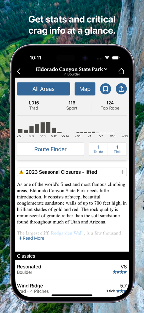 Mountain Project app interface showing climbing route statistics and seasonal closure alerts for a crag