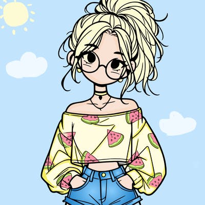girl with a messy ponytail glasses a baggy crop top and jean shorts
