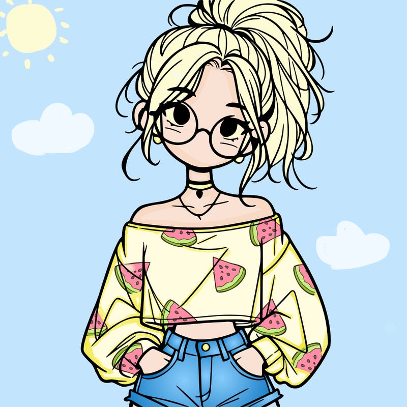 girl with a messy ponytail glasses a baggy crop top and jean shorts
