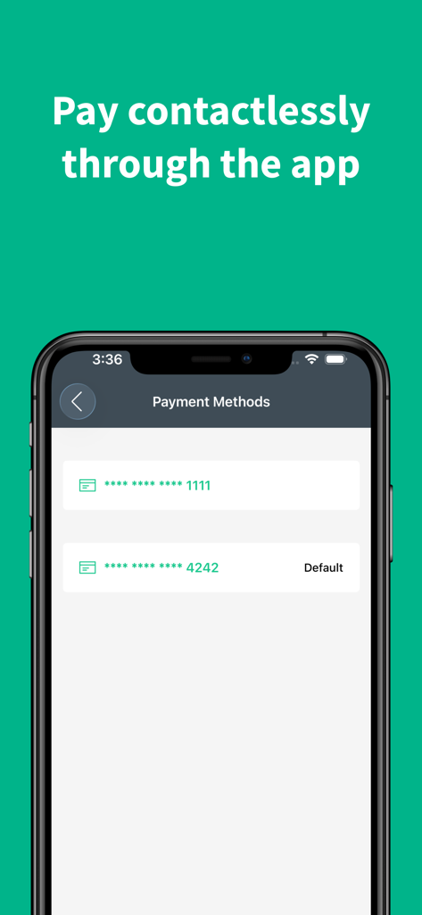 Inugo Parking - Inugo Parking app interface displaying contactless payment methods and credit card options on a smartphone screen