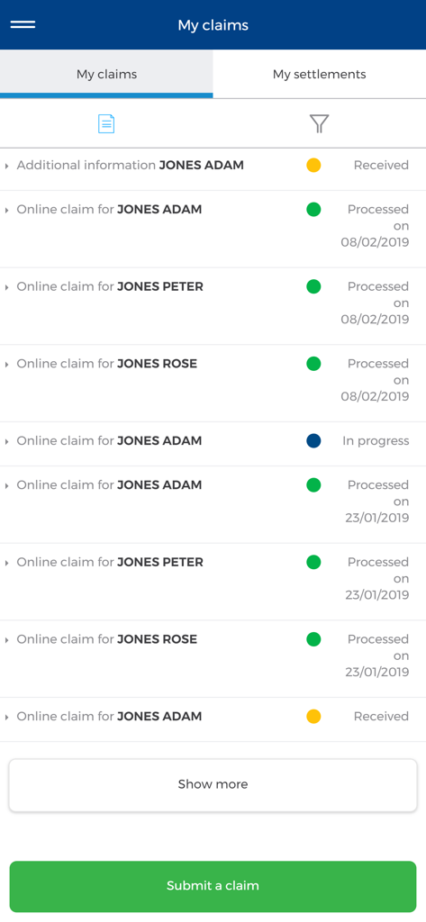Cigna Health Benefits - Un elenco di richieste di rimborso sanitarie nell'app Cigna Health Benefits che mostra vari stati come elaborato in corso e ricevuto