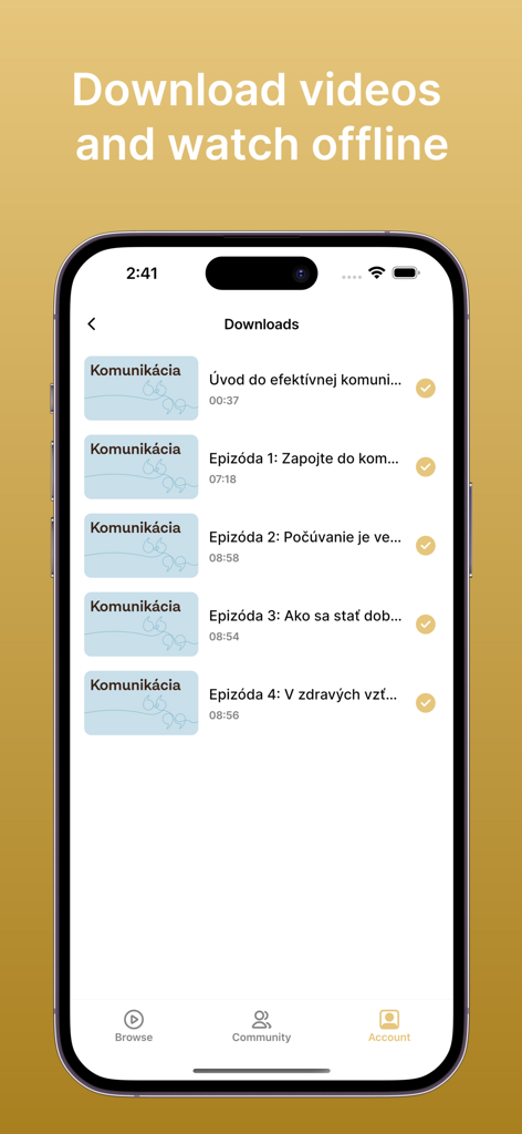 Refocus by Krause - Pantalla de descargas en la aplicación Refocus que muestra lecciones en video sobre comunicación disponibles para ver sin conexión.