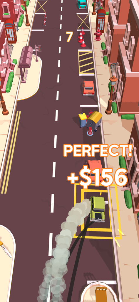 Une voiture verte effectuant une manœuvre de stationnement parfaite dans une rue de la ville pour gagner des récompenses dans le jeu mobile Drive and Park