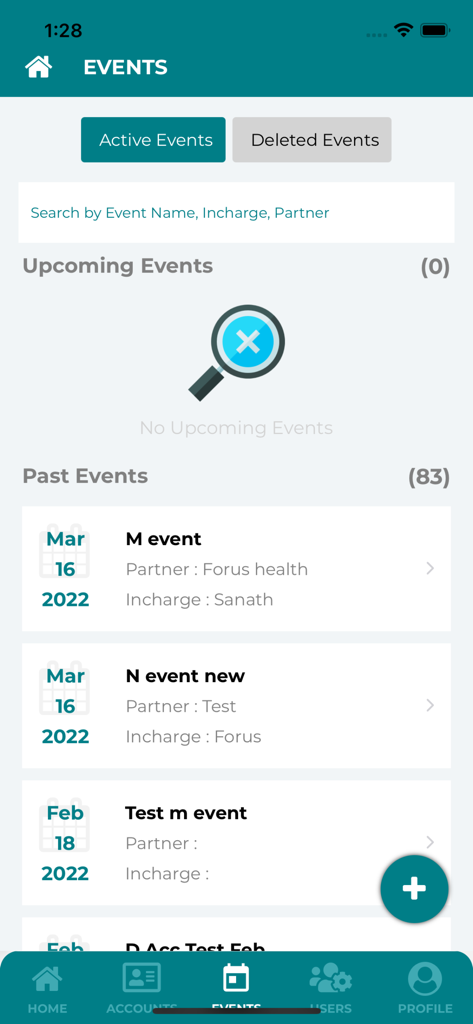 Vision Screening Events App - Lista de eventos passados de triagem de visão no aplicativo OneSight EssilorLuxottica Foundation.