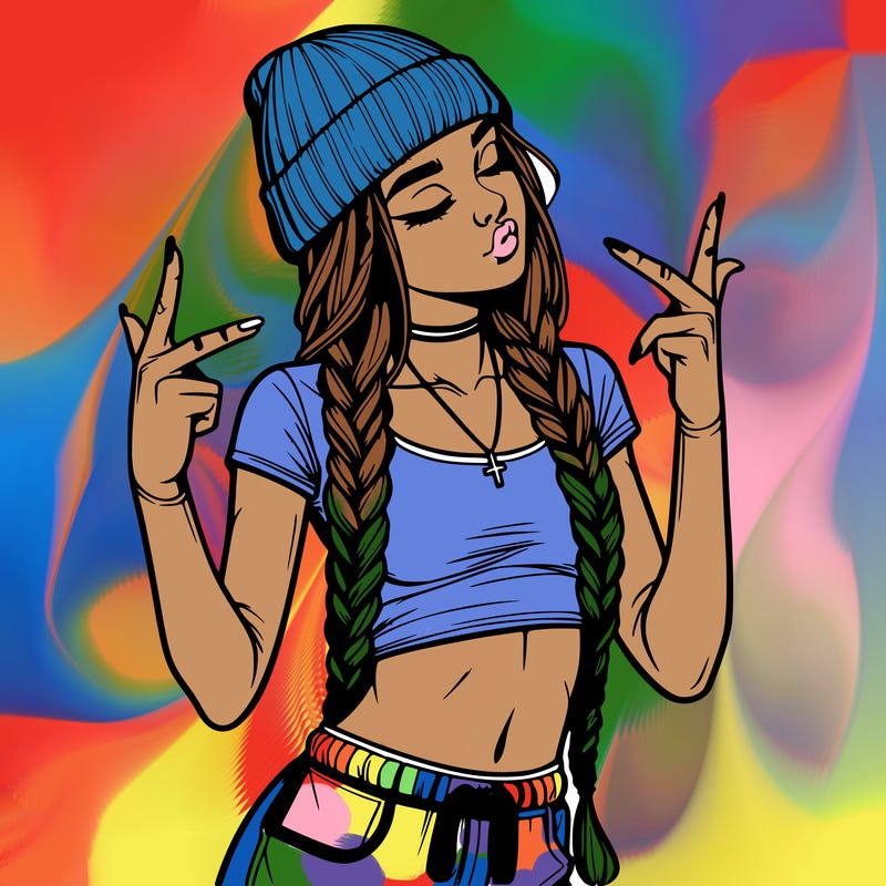 realistic teenage girl with braids and a beanie and crop top doing 🫶🏼