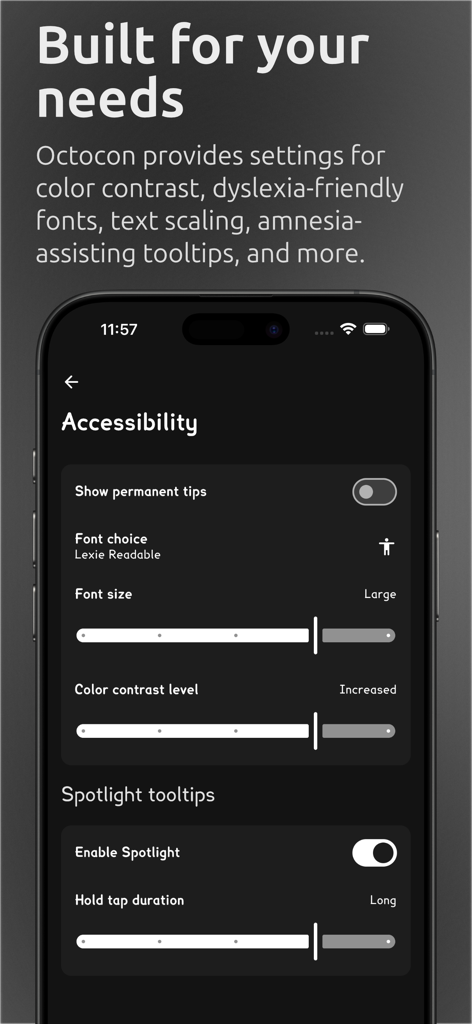 Screenshot of Octocon accessibility settings showing options for font size, color contrast, and dyslexia-friendly fonts.