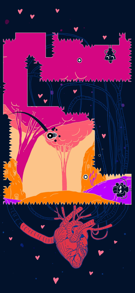 Spitkiss mobile game level showing cute characters and an anatomical heart in a vibrant organic environment.